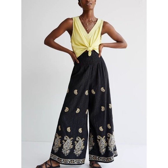 Anthropologie Pants - Anthropologie Maeve Smocked Wide Leg Embroidered Pants lined boho festival Small
